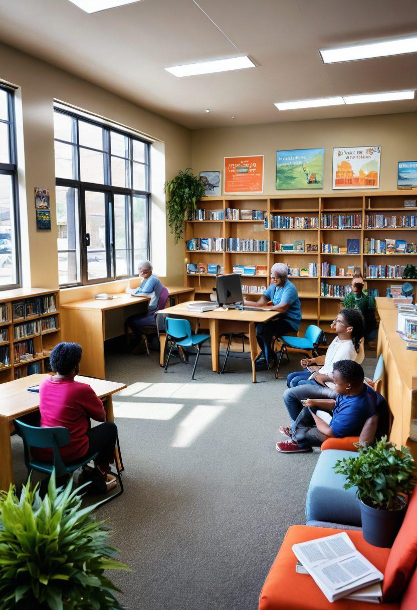A vibrant and welcoming public library scene showcasing diverse community members engaging with various resources: children reading colorful books, adults attending a workshop, and seniors using computers in a cozy corner. Include elements like shelves filled with books, a community bulletin board, and plants for a lively atmosphere. The overall mood is warm and inviting, capturing the essence of a community hub. super-realistic. vibrant colors. airy light.