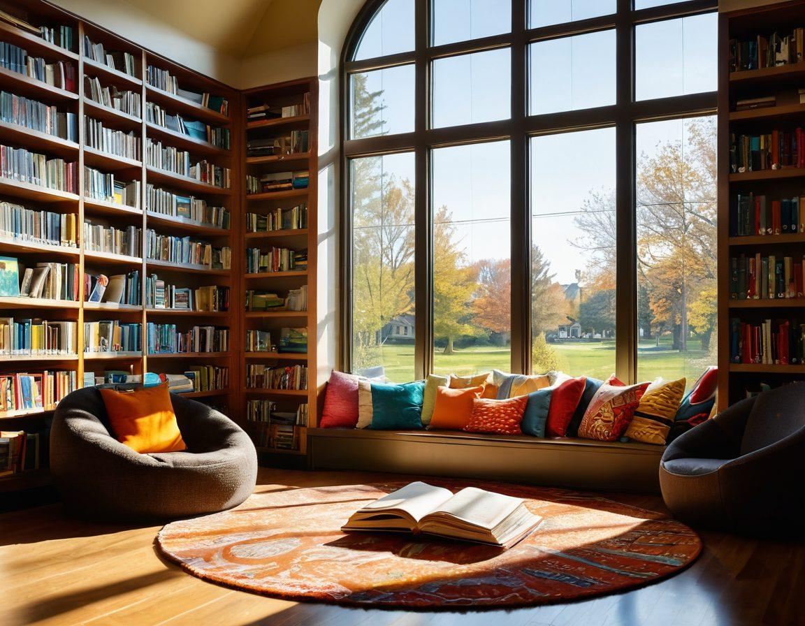 A cozy reading nook inside a library featuring an array of colorful bookshelves filled with diverse literature, children and parents engaged in reading together, a warm sunlight streaming in through large windows, showcasing a welcoming atmosphere. Illustrate various shapes of books symbolizing different resources like storybooks, textbooks, and digital tablets scattered around the space. super-realistic. vibrant colors. cozy ambiance.